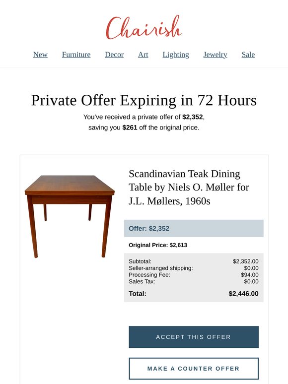 You have a private offer from a seller on Scandinavian Teak Dining Table by Niels O. Møller for J.L. Møllers, 1960s