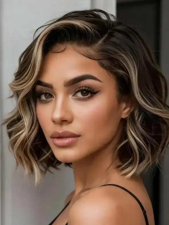 Side Part Ash Blonde Highlight Short Bob Wavy Glueless Human Hair Wear And Go Wig