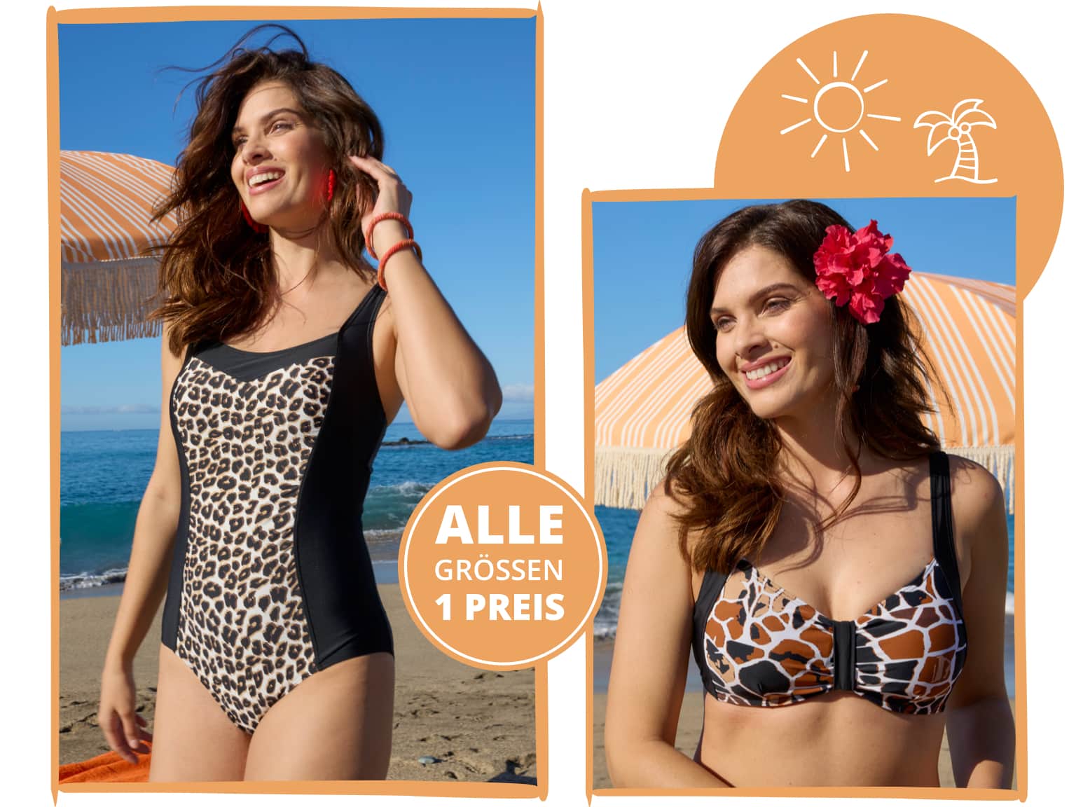 Ein Model trägt am Strand einen Badeanzug mit Leopardenmuster und ein anderes Model einen Bikini mit ähnlichem Muster. Strand- und Bademode. Alle Größen ein Preis. Bild oder Schaltfläche darunter anklicken, um in den Shop zu gelangen >