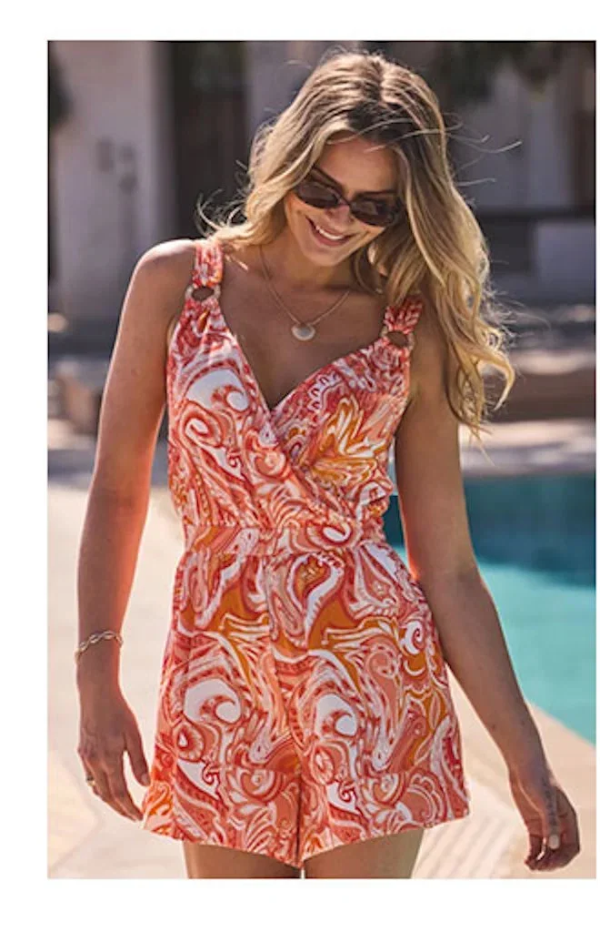 Orange Abstract Print Hoop Trim Wrap Playsuit