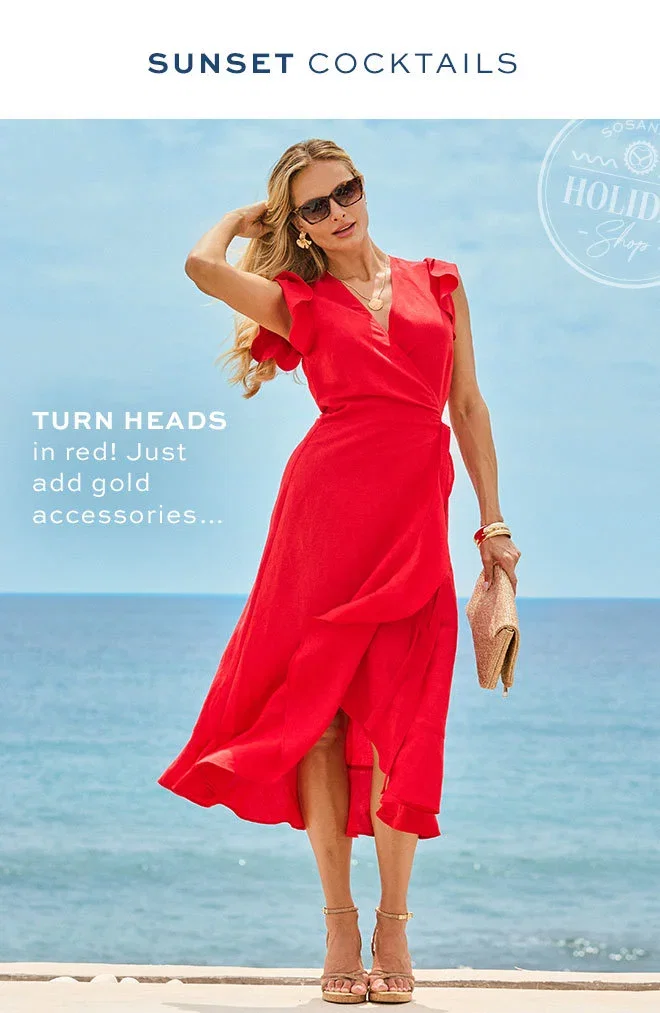 Summer Red Linen Blend Ruffle Hem Wrap Dress