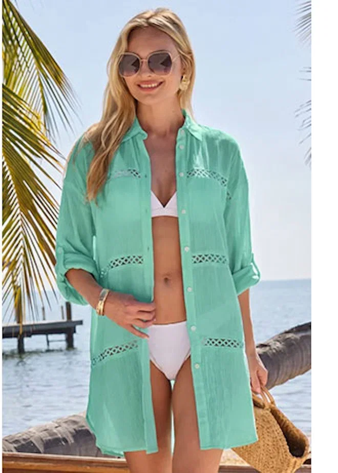 Teal Longline Cut Out Detail Beach Shirt