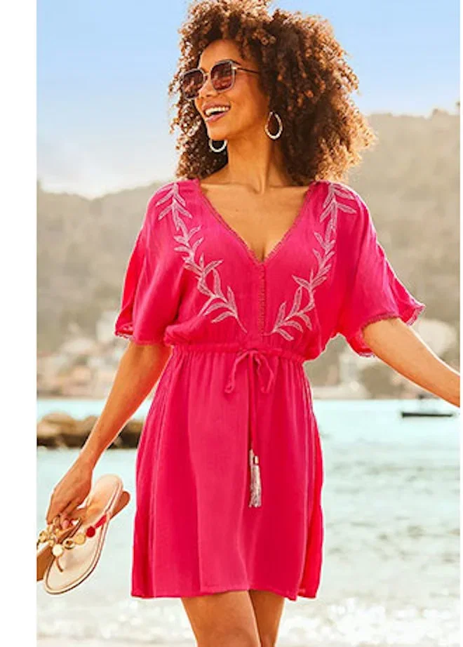 Hot Pink & Silver Embroidered Detail Kaftan