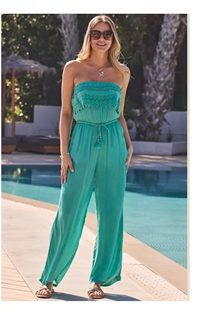 Green Bandeau Crochet Trim Tie Waist Jumpsuit