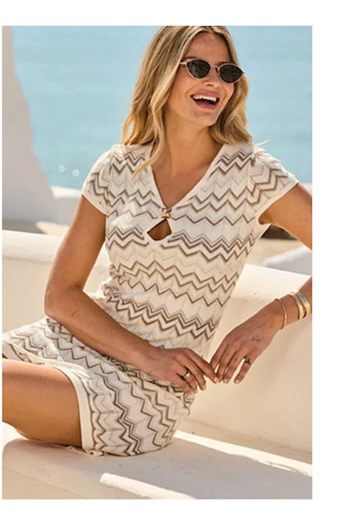 Neutral & Gold Chevron Keyhole Detail Shift Dress