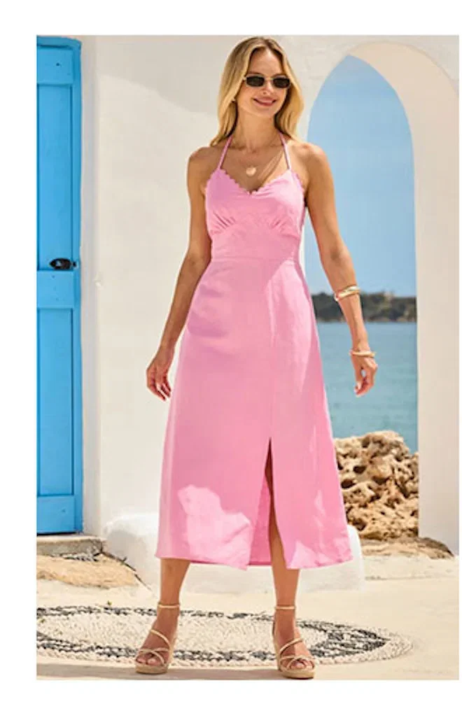 Pink Linen Blend Scallop Detail Halter Neck Midi Dress