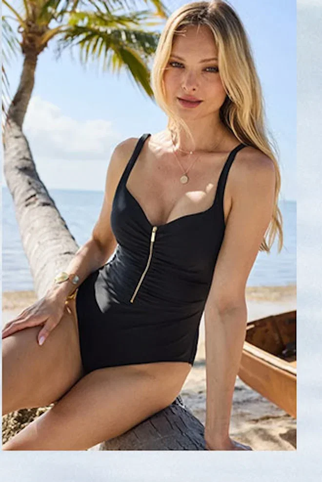 Black Gold Zip Detail Soft Cup Swimsuit