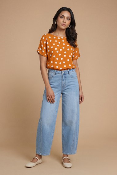 Orange Spot Printed Roll Sleeve Blouse