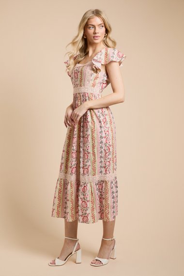 Frill Sleeve Tiered Hem Printed Poplin Midi Dress