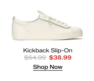 A side view of the Kickback Premium Leather Pop Binding Slip-On in egret/gold. The style was $64.99 and is now on sale for $38.99. Shop Now. 