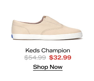 A side view of the Keds Champion Round Toe Leather Slip-On in peony pink. The style was $54.99 and is now on sale for $32.99. Shop Now.