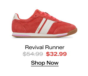 A side view of the Revival Suede/Leather Runner in orange/white. The style was $54.99 and is now on sale for $32.99. Shop Now.