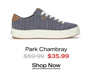 A side view of the Park Stripe Chambray Lace-Up in blue. The style was $59.95 and is now on sale for $35.99. Shop Now.
