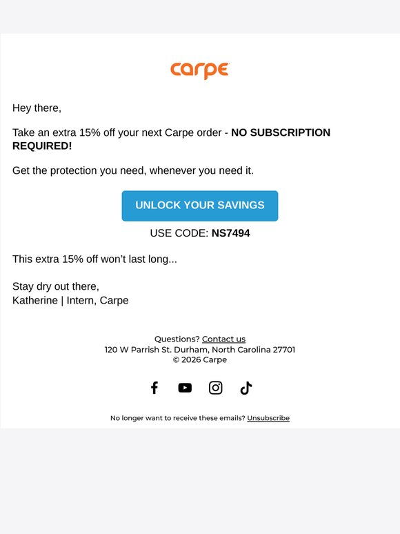 Extra 15% Off — No Subscription Required