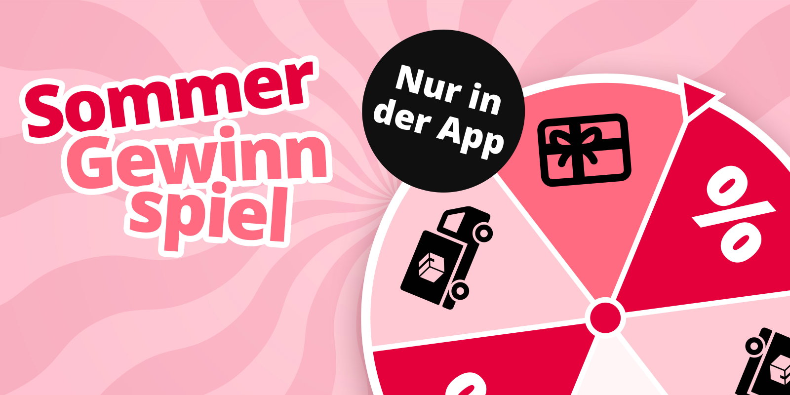 Eine Werbeanzeige mit dem Text 'Sommer Gewinnspiel Nur in der App'. Der Hintergrund ist rosa mit einem wirbelnden Muster, im Vordergrund ein Glücksrad mit Symbolen für verschiedene Gewinne.