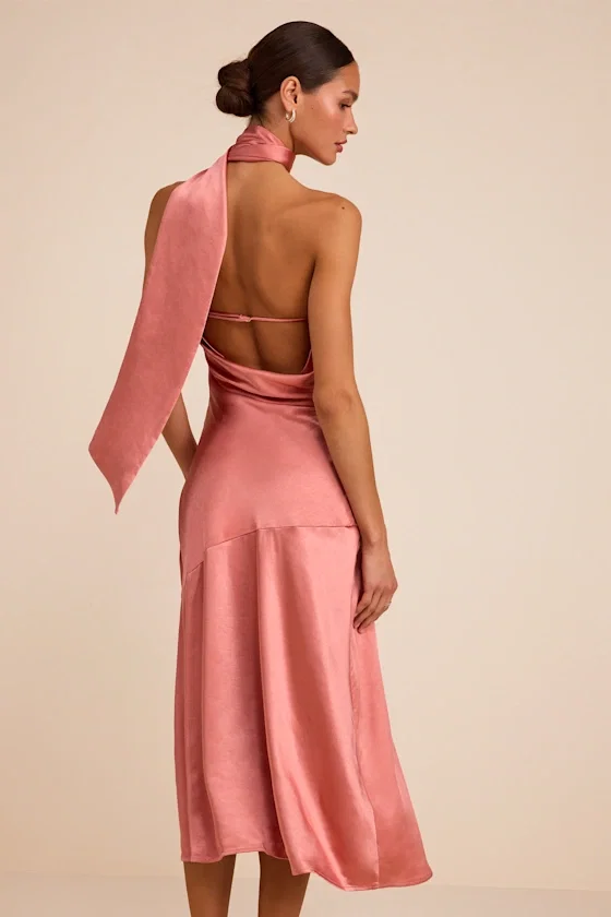 Image of Reglan Pink Satin One-Shoulder Sash Midi Dress
