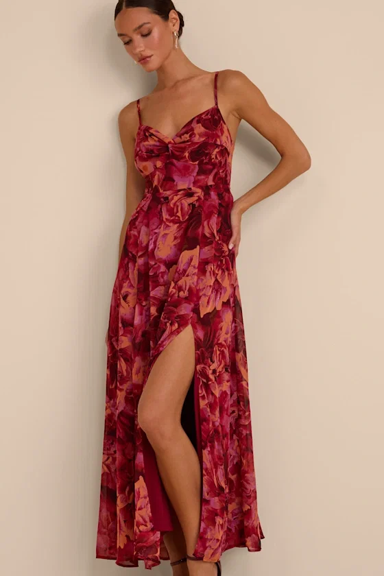 Image of Beautiful Soul Burgundy Floral Print Twist-Front Maxi Dress