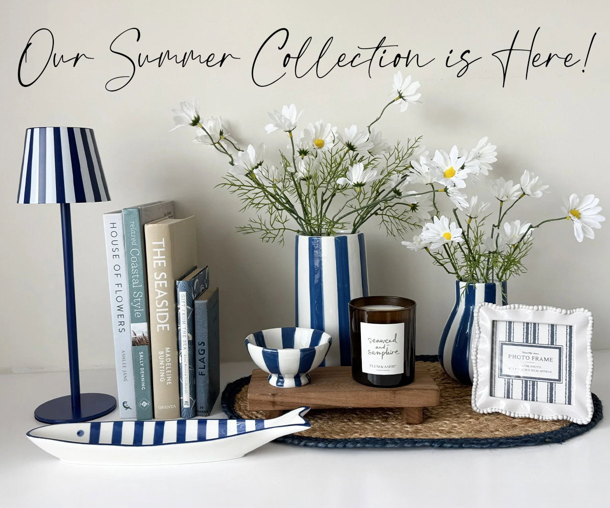 Blue and white summer homeware collection with vases, lamp, candle, tray and photo frame