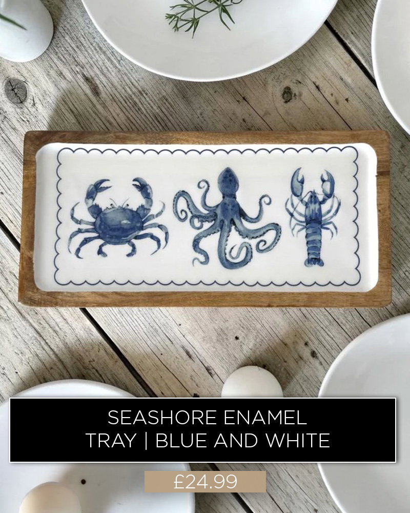 Blue and white seashore enamel tray with crab, octopus and lobster design