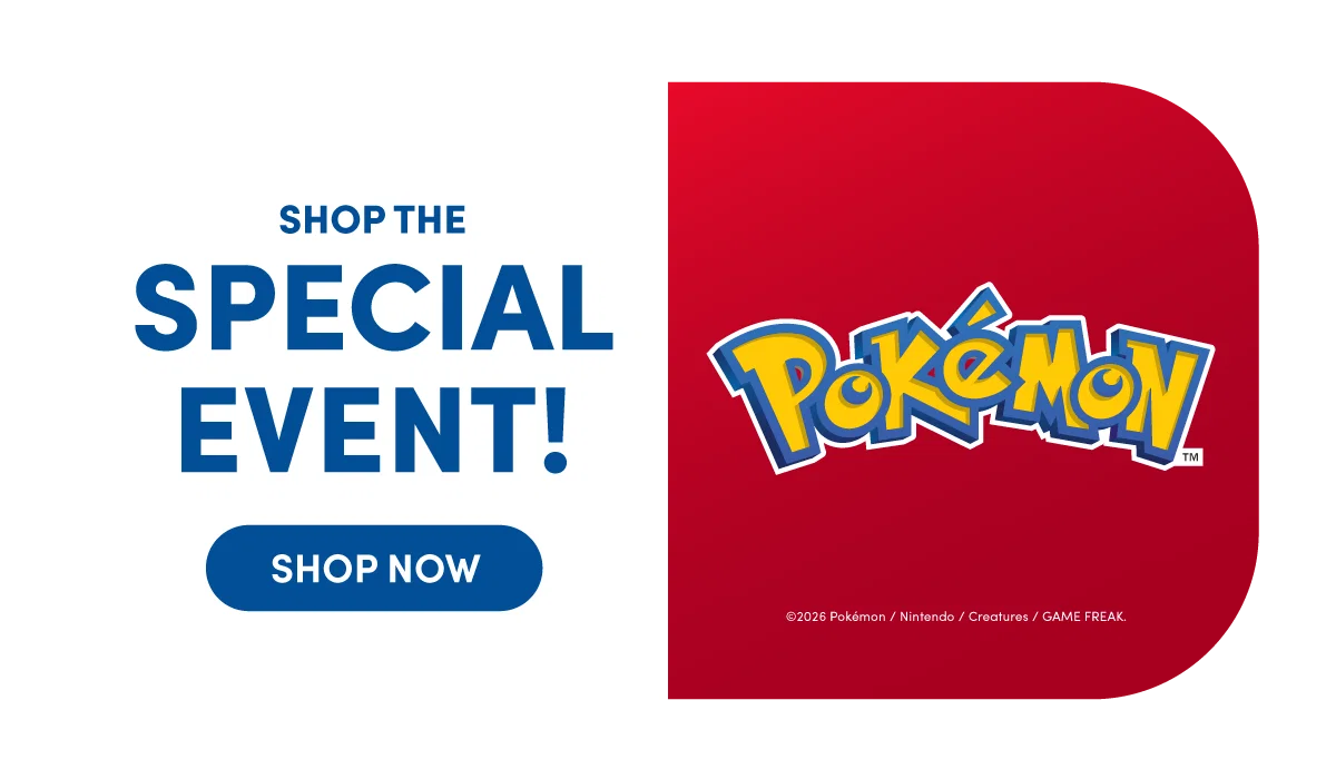  Text reads SHOP THE SPECIAL EVENT! with a blue SHOP NOW button. The Pokémon logo appears centered on a solid red background highlighting a special Pokémon shopping event.