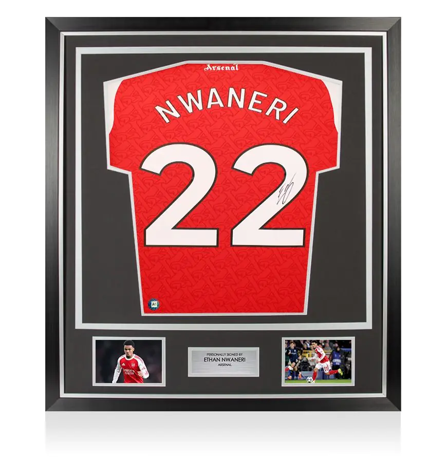 Framed Ethan Nwaneri Signed Arsenal Shirt: Home, 2025-26 - Premium