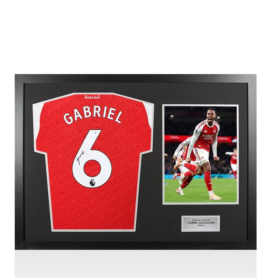 Framed Gabriel Magalhães Signed Arsenal Shirt: Home, 2025-26 - Panoramic