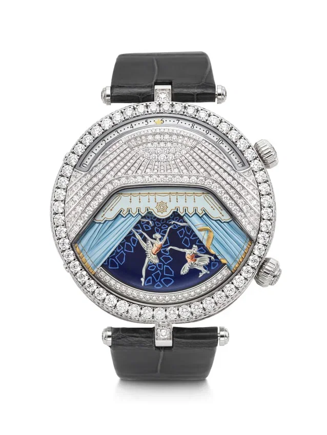 VAN CLEEF & ARPELS. A HIGHLY IMPRESSIVE AND RARE 18K WHITE GOLD AND DIAMOND-SET WRISTWATCH WITH