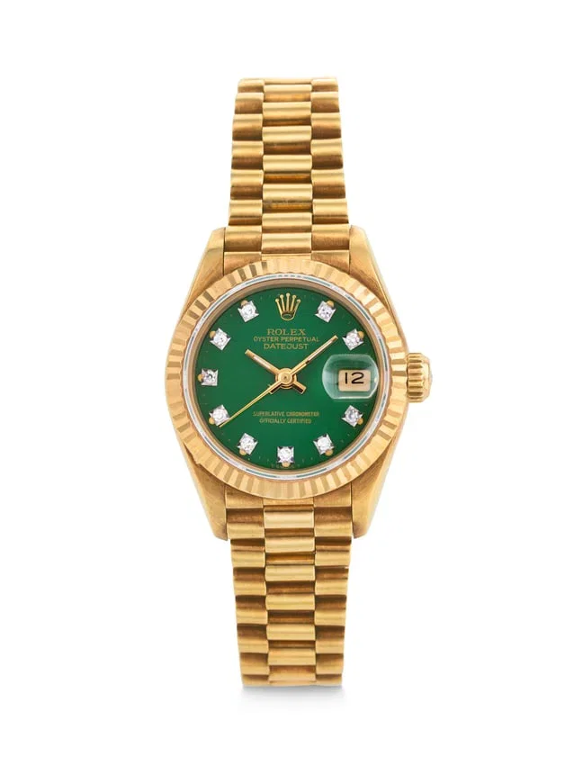 ROLEX. A VERY RARE AND EYE-CATCHING 18K GOLD AUTOMATIC WRISTWATCH WITH DATE, BRACELET, AND GREEN