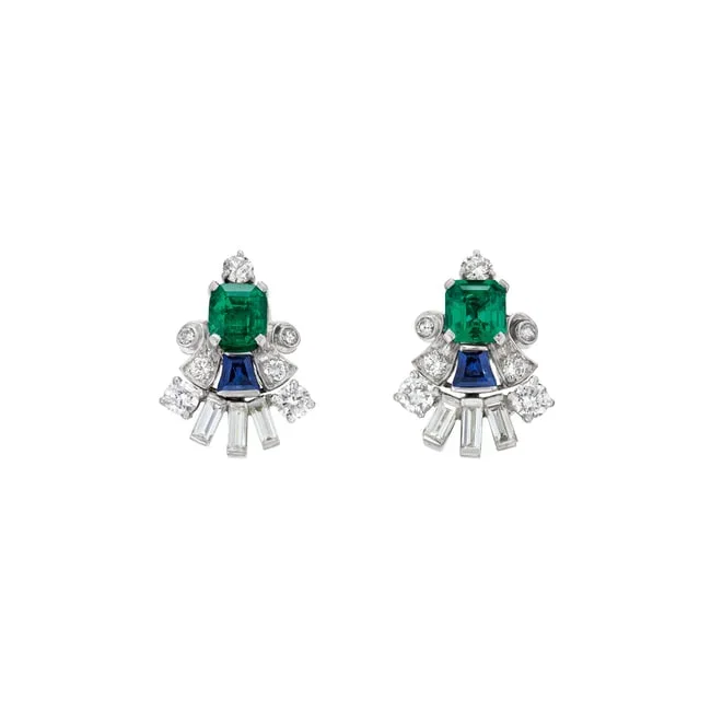 EMERALD, SAPPHIRE AND DIAMOND EARRINGS