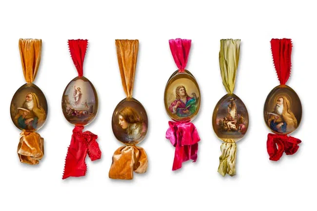 A GROUP OF SIX RUSSIAN PORCELAIN EASTER EGGS BY THE IMPERIAL PORCELAIN FACTORY, ST. PETERSBURG,