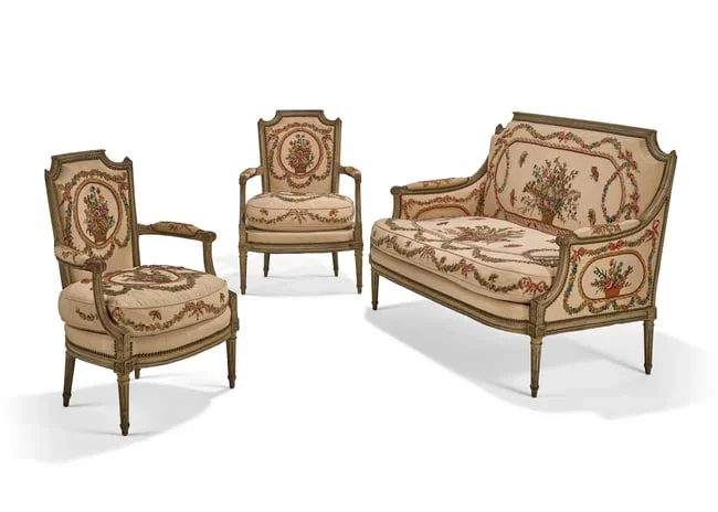 A SUITE OF LOUIS XVI GREY-PAINTED SEAT FURNITURE BY MARC GAUTRON, CIRCA 1785