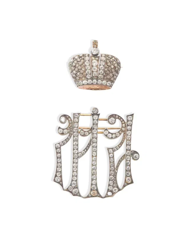 A DIAMOND SILVER AND GOLD MAID OF HONOR CYPHER CONVERTED INTO TWO BROOCHES ST. PETERSBURG, CIRCA