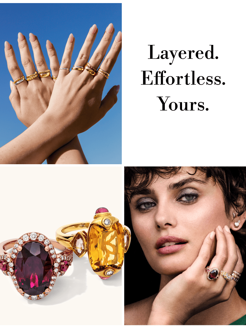 Hands wearing multiple stacking rings against a blue sky, and model Taylor Hill wearing statement rings. 
