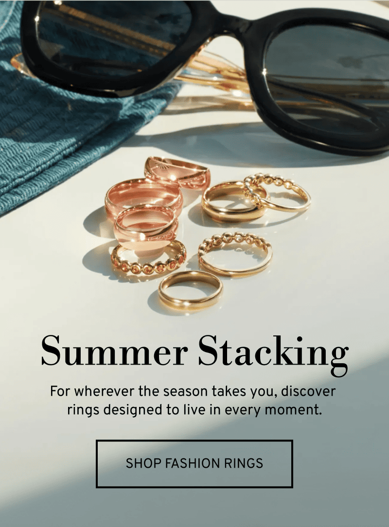 Sunglasses next to gold and rose gold rings. Summer Stacking. Designed to live in every moment. Click to Shop Fashion Rings