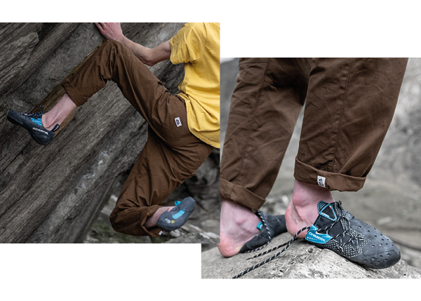 Mountain Equipment Flowstone Pants. Two images. On the left, a man on the rock wearing Flowstone Pants. On the right, a close-up on the cuffed trouser leg as the same man slips on a pair of rock shoes.