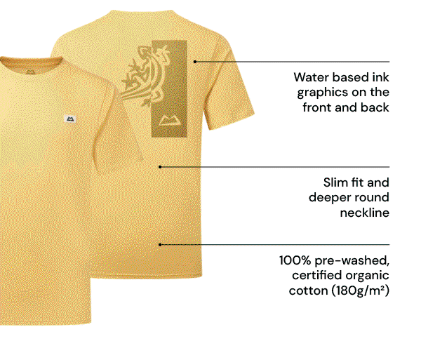 Mountain Equipment Podus T-Shirt. Available in Men's Yellow and Women's Green. Features water-based ink graphics on the front and back; slim fit and deeper round neckline; made of 100% pre-washed, certified organic cotton (180gm/m²)