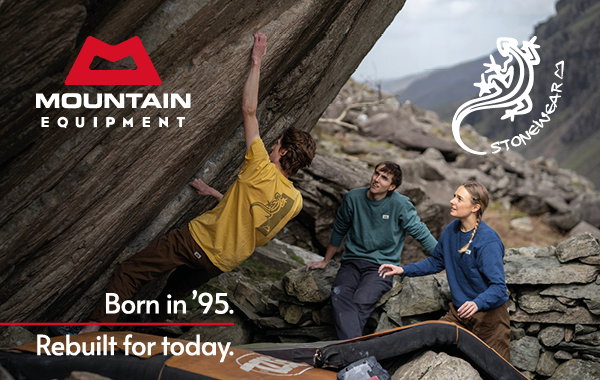 Mountain Equipment Stonewear: Born in '95. Rebuilt For Today. Image depicts three climbers bouldering, one man on the rock while a man and woman watch him. The man climbing is wearing Mountain Equipment Men's Podus T-Shirt in Yellow. The man and woman behind him wear Mountain Equipment Stonescape Sweaters. All three wear Mountain Equipment Flowstone Pants.