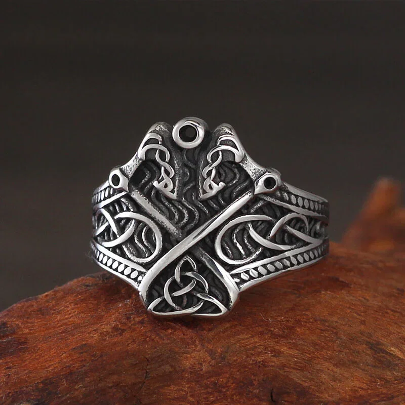 Image of Vintage Double Axe Celtic Knot Stainless Steel Viking Ring