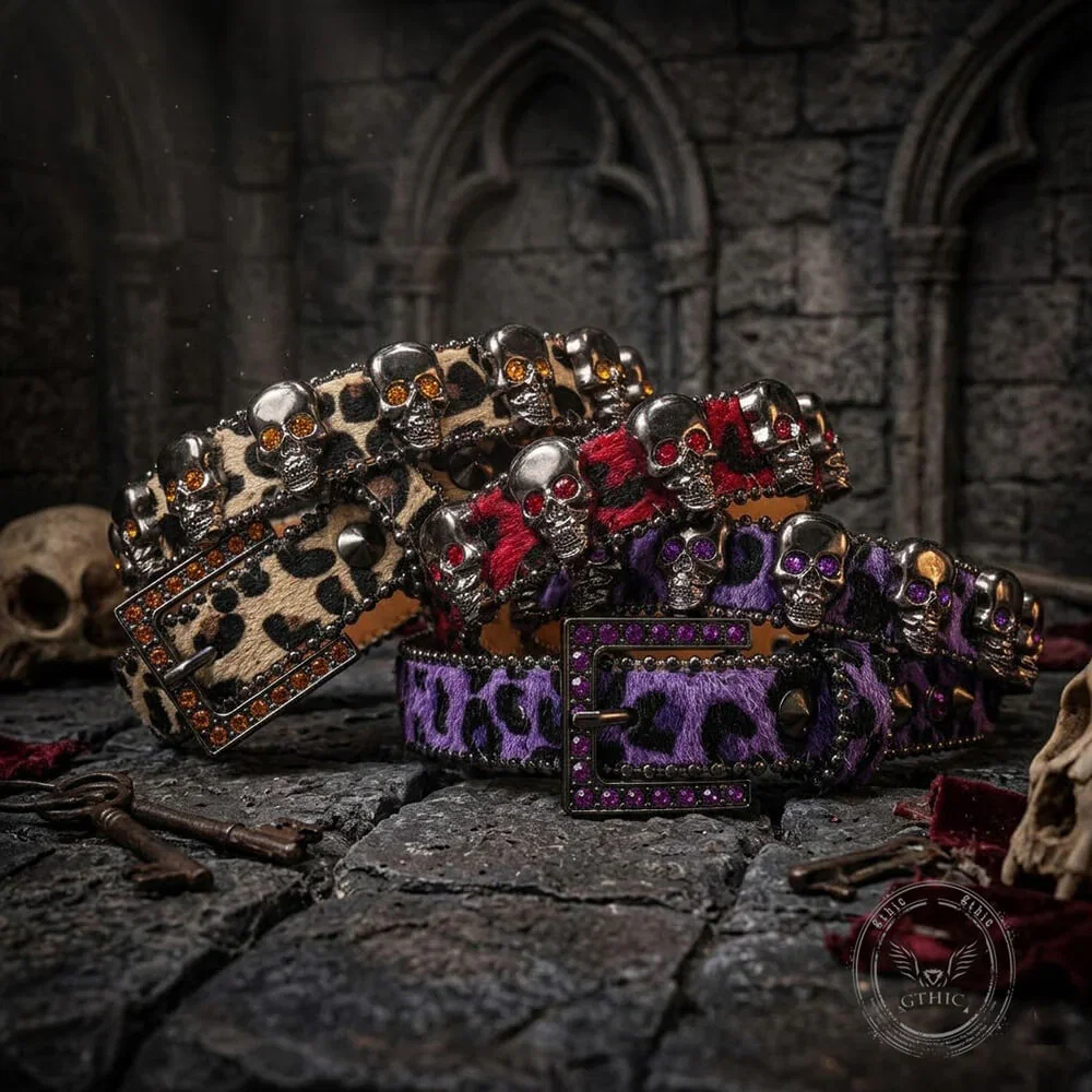 Image of Hip-Hop Leopard Gem Skull Studded PU Leather Belt