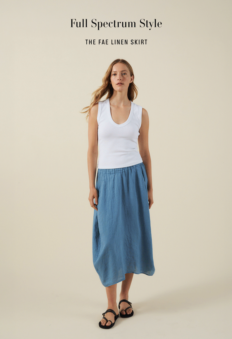 Full Spectrum Style. The Fae Linen Skirt. GIF of 3 models wearing the Fae skirt in the following colors: willow, shamrock, and hailstone