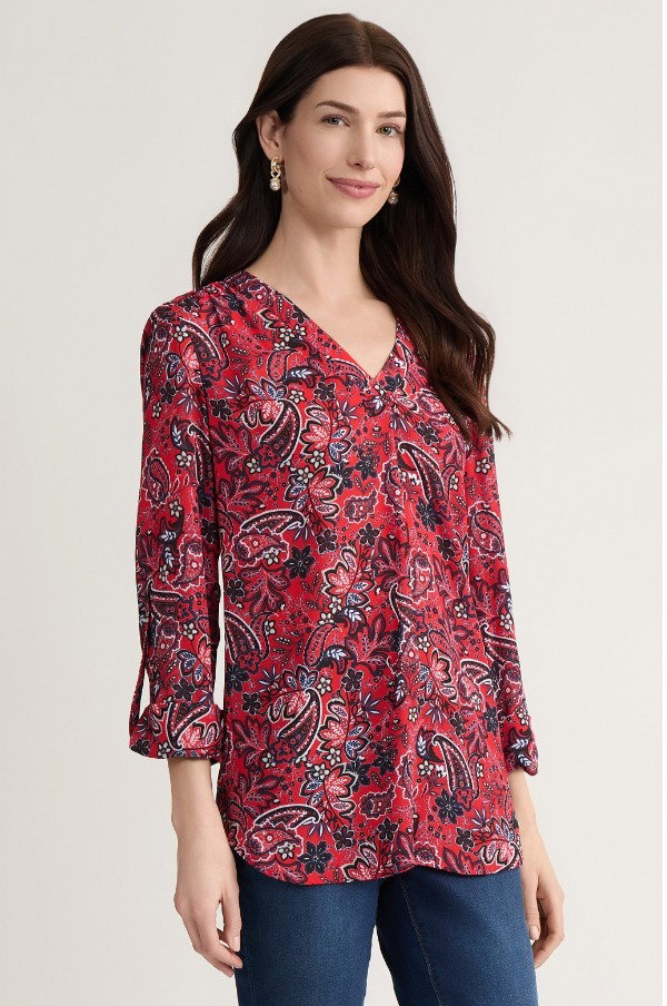 V-Neck Pleated Kelly Blouse, Printed Crepe