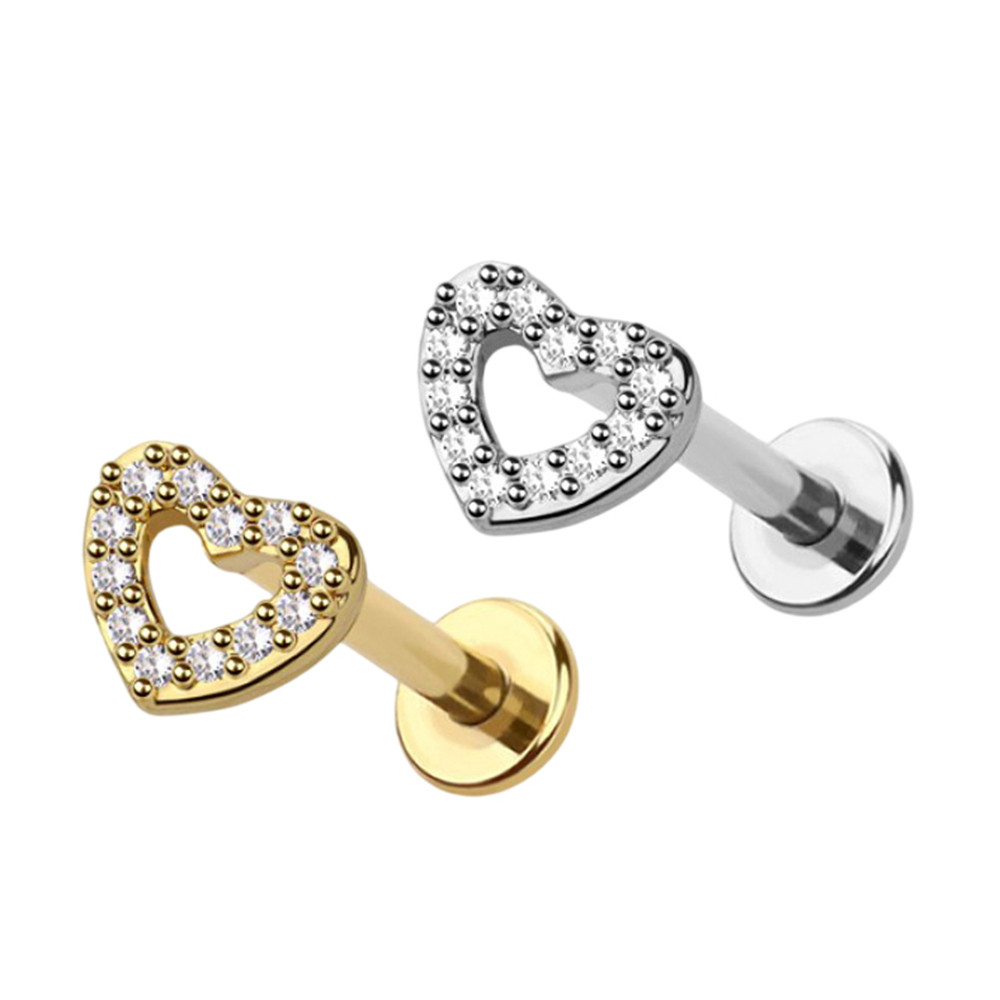  CZ Heart Flat Back Labret Studs Piercings 16G 
