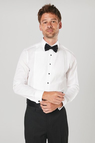 White Pleat Front Slim Fit Long Sleeve Dress Shirt