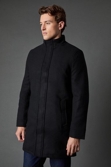 Black Signature Funnel Neck Wool Blend Coat With Insert