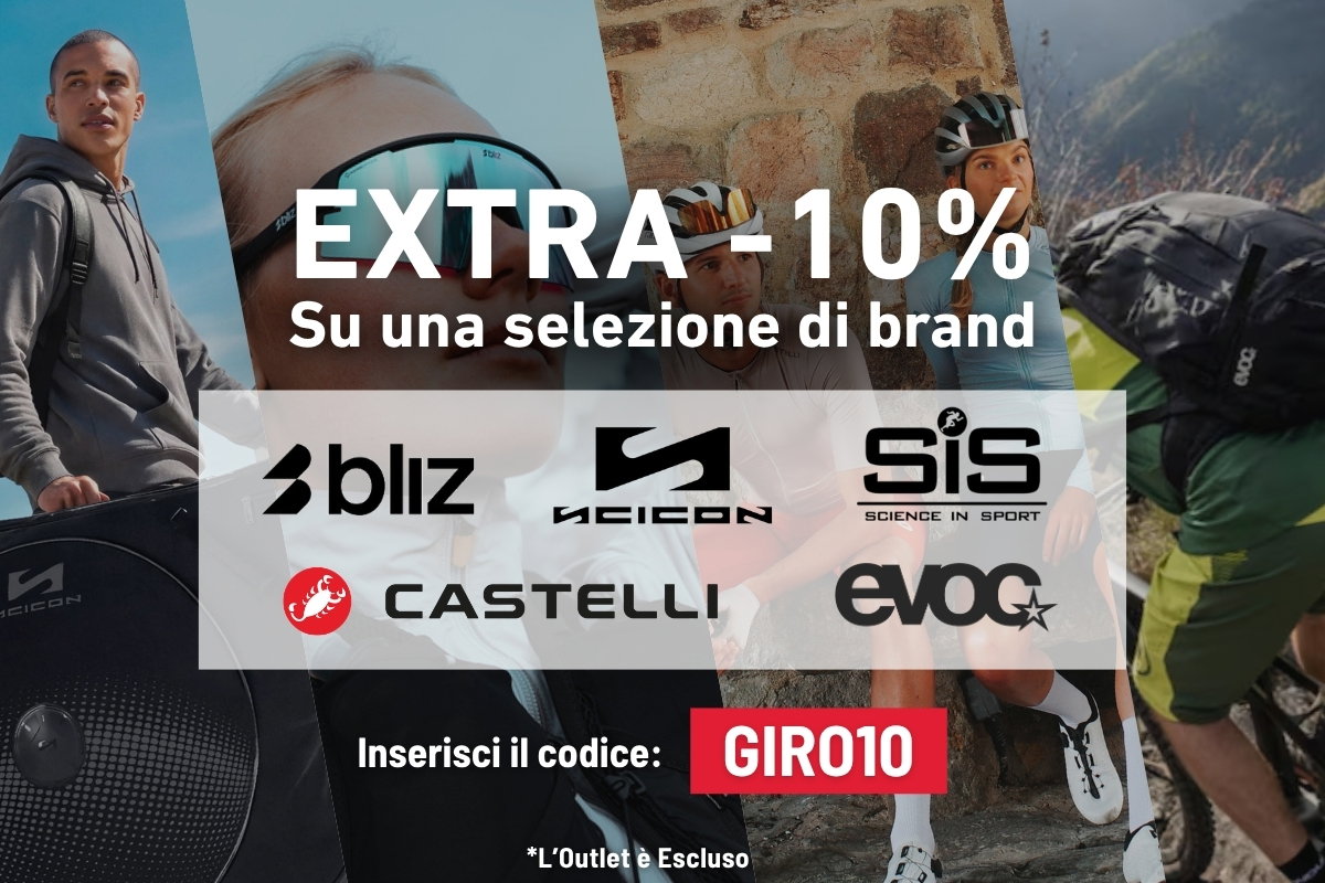 Promotional banner: extra 10% off select cycling brands (Bliz, Scicon, SiS, Castelli, Evoc) with code GIRO10, cyclists in background