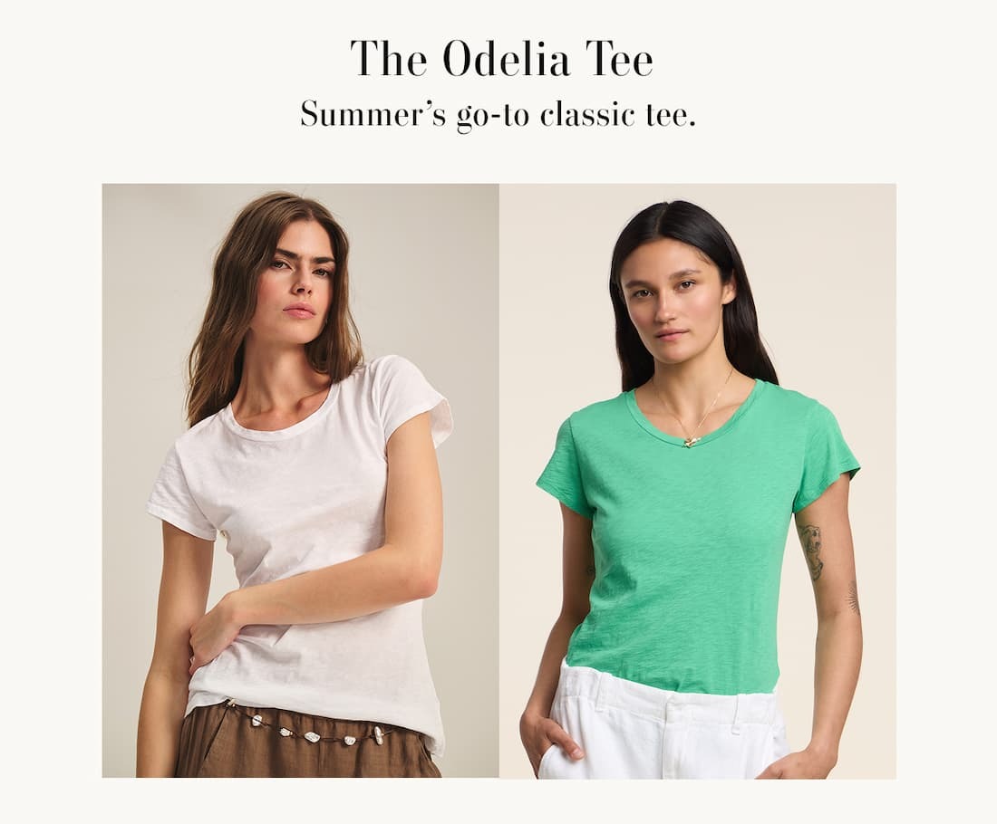 The Odelia Tee. Summer's go-to-classic tee. Models wearing Odelia tee in white and shamrock