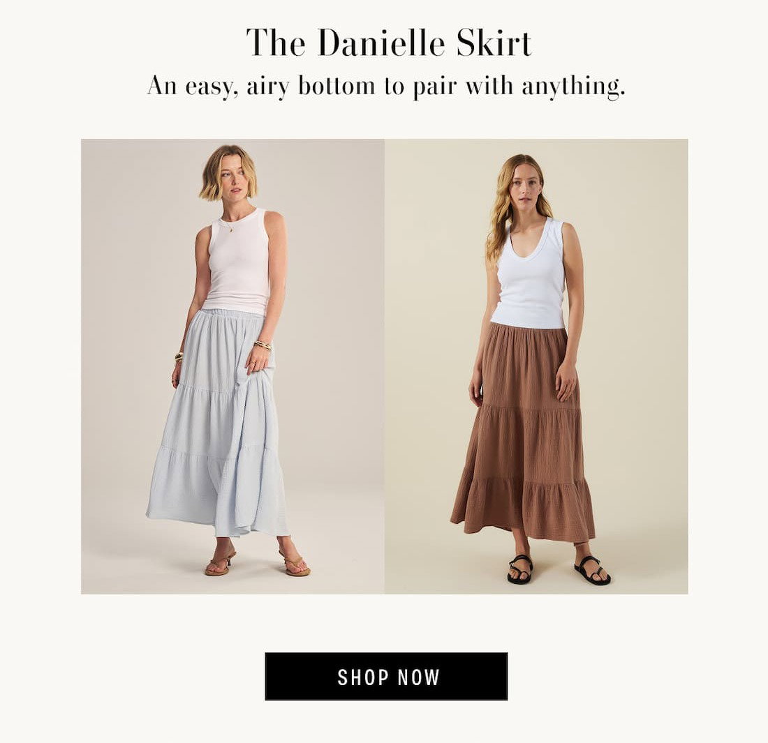 The Danielle Skirt. An easy, airy bottom to pair with anything. Models wearing Danielle Skirt in colors Ice and Tree. Shop Now