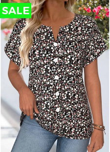 Black Ditsy Floral Print Tummy Coverage Short Sleeve Blouse