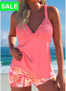 Peach Red Mid Waisted Tropical Plants Print Tankini Set
