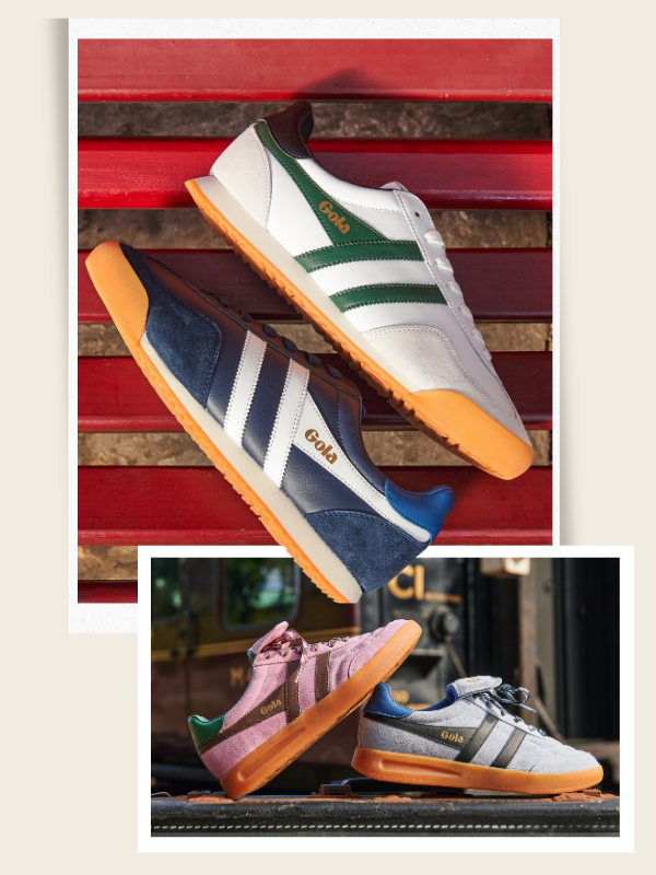 Two images featuring Gola sneakers inspired by soccer